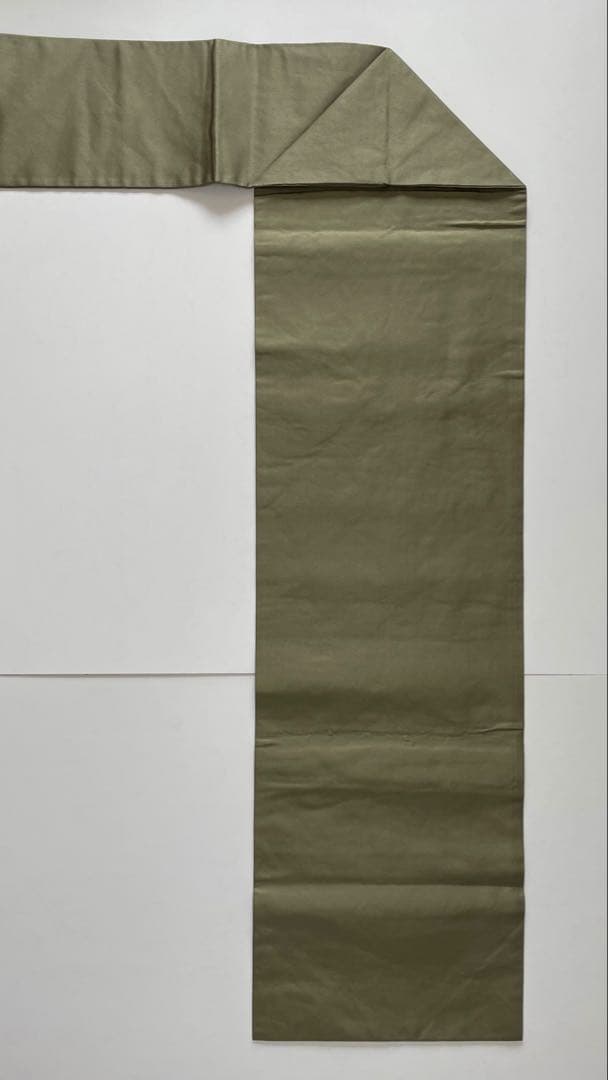 【美品】刺繍の美しい塩瀬の名古屋帯 桐 菊 オリーブグリーン 金銀糸 長尺