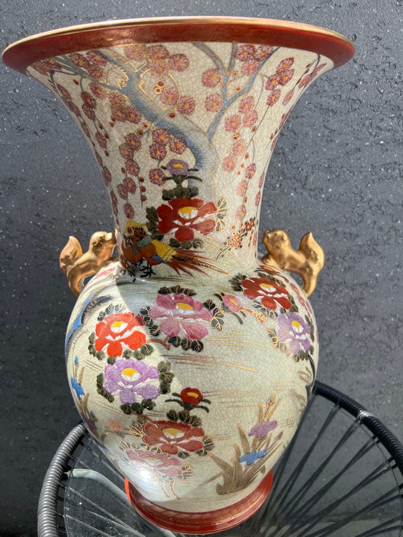 薩摩焼 壺 大型 双耳花瓶 飾壺 獅子耳 花柄 金彩 両耳付 花瓶