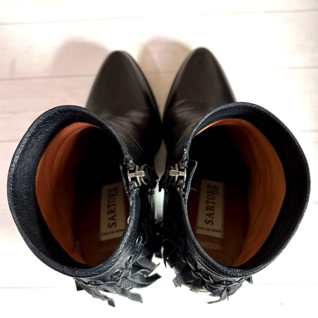 美品■サルトル■ショートブーツ✨サイドジップ フリンジ 本革 チャンキーヒール