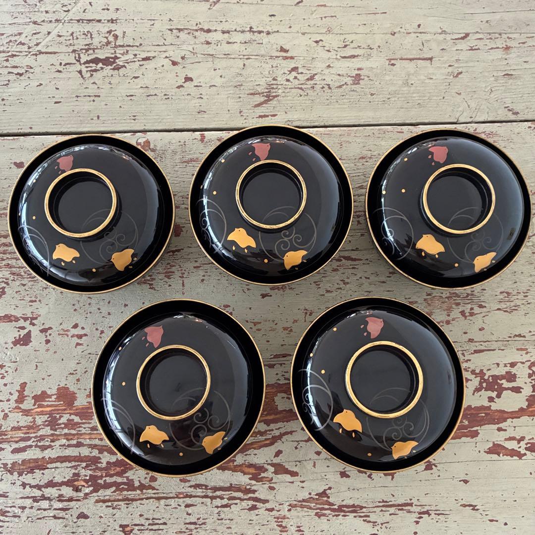 波千鳥　吸物碗　5客　蓋付き　漆　蒔絵　工芸　器　和食器　25.10.16-2