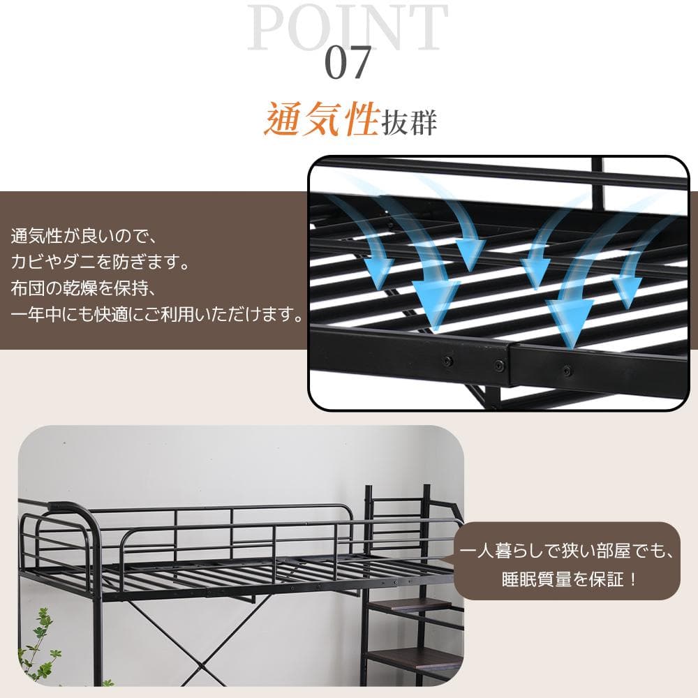 システムベット ロフトベッド シングル デスク・コンセント・収納付き　BLACK