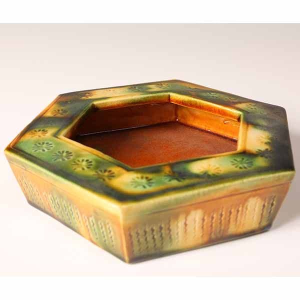 三彩六角灰皿　六代　清水六兵衛　唐三彩　【陶器】