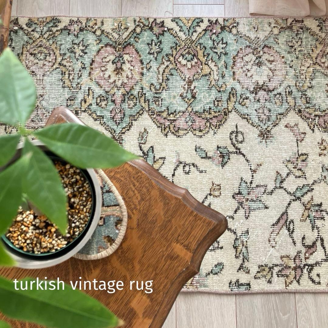 ペパーミントグリーン　ピンクベージュ73×222ランナー　トルコヴィンテージラグ