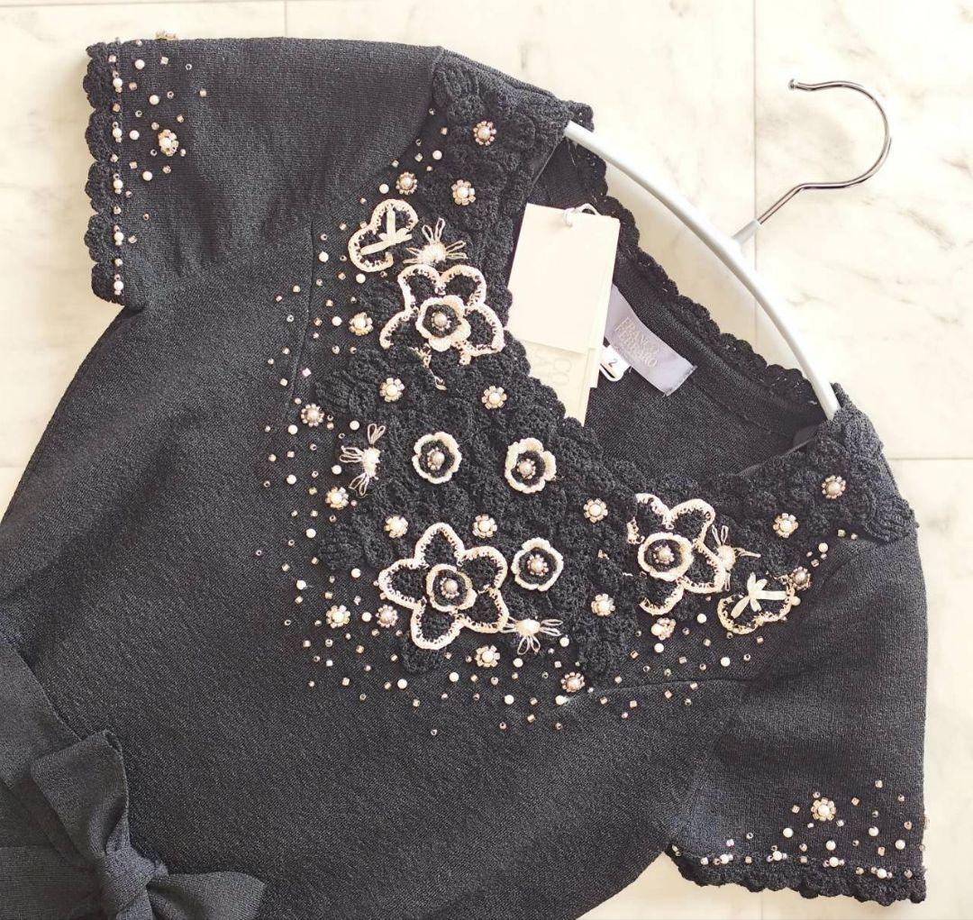 新品 フランコフェラーロ 豪華 フラワー パール 装飾 ニット ワンピース 黒