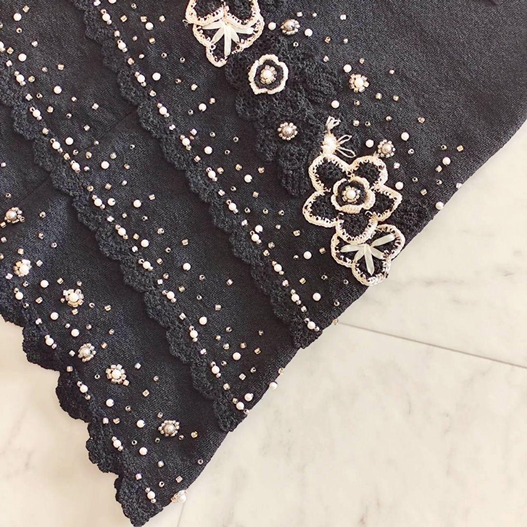 新品 フランコフェラーロ 豪華 フラワー パール 装飾 ニット ワンピース 黒