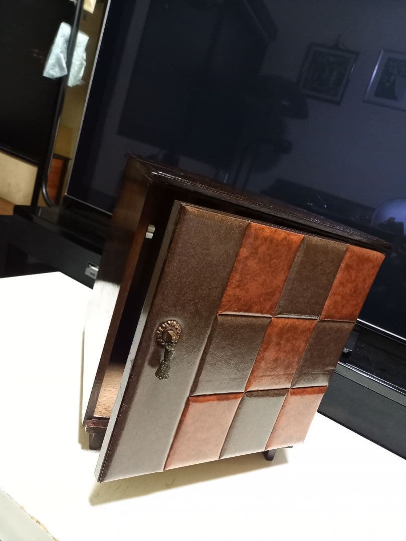 1970's　チェッカー　ブロック　デザイン　ウッド　レコード　キャビネット