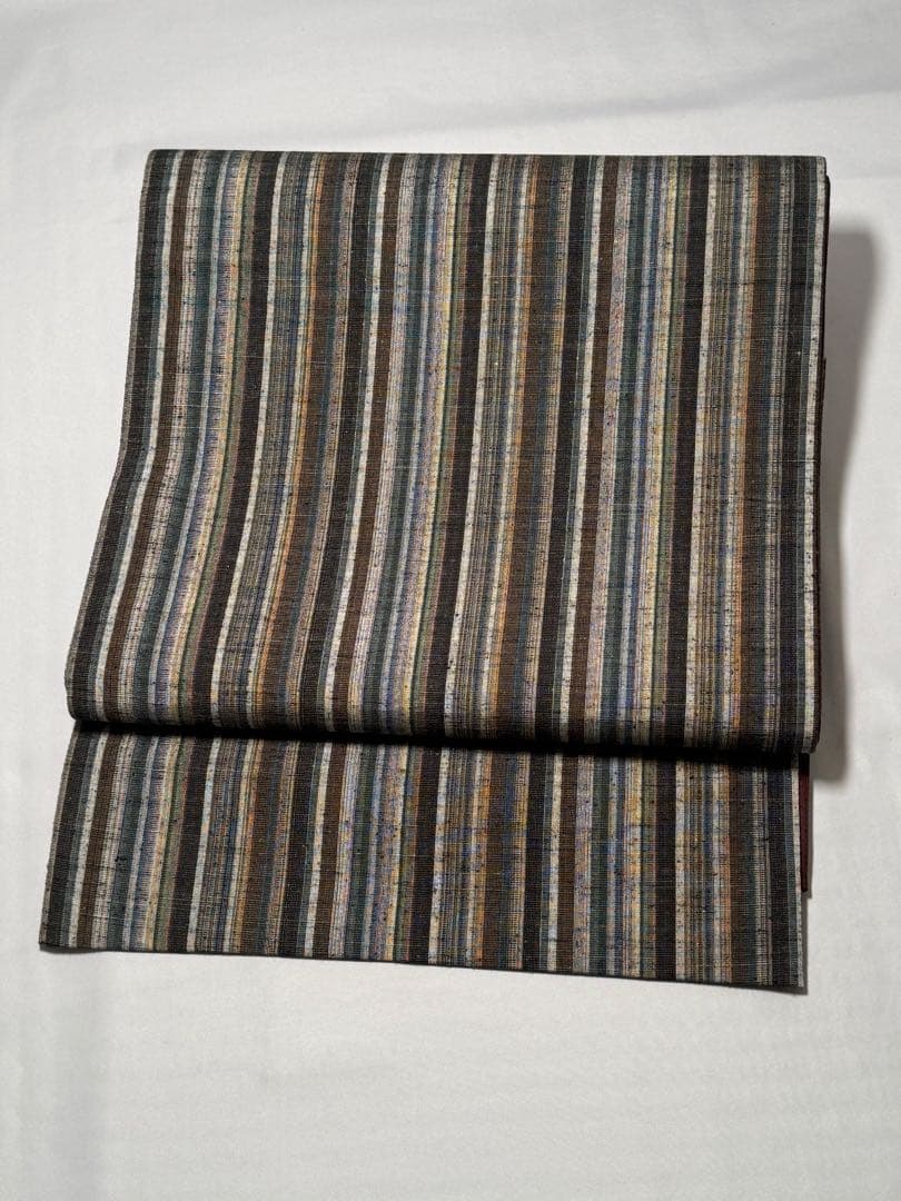 [美品] 紬織　袋帯　正絹　縞　洒落帯　カジュアル　小紋　紬　無地　街着　灰色