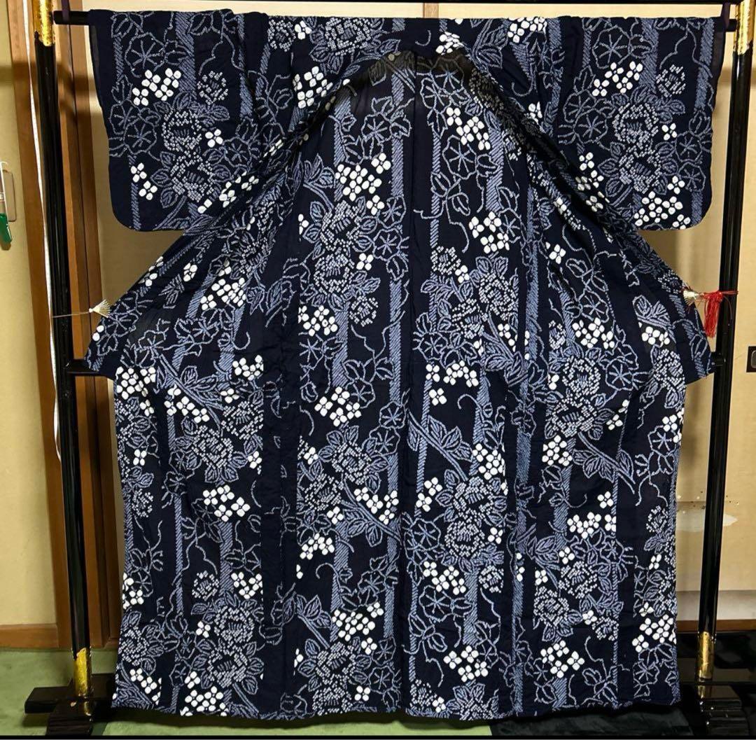 有松鳴海絞りフルセット4点　美品最高級浴衣+夏帯+夏帯締め+夏帯揚げ　ゆったり