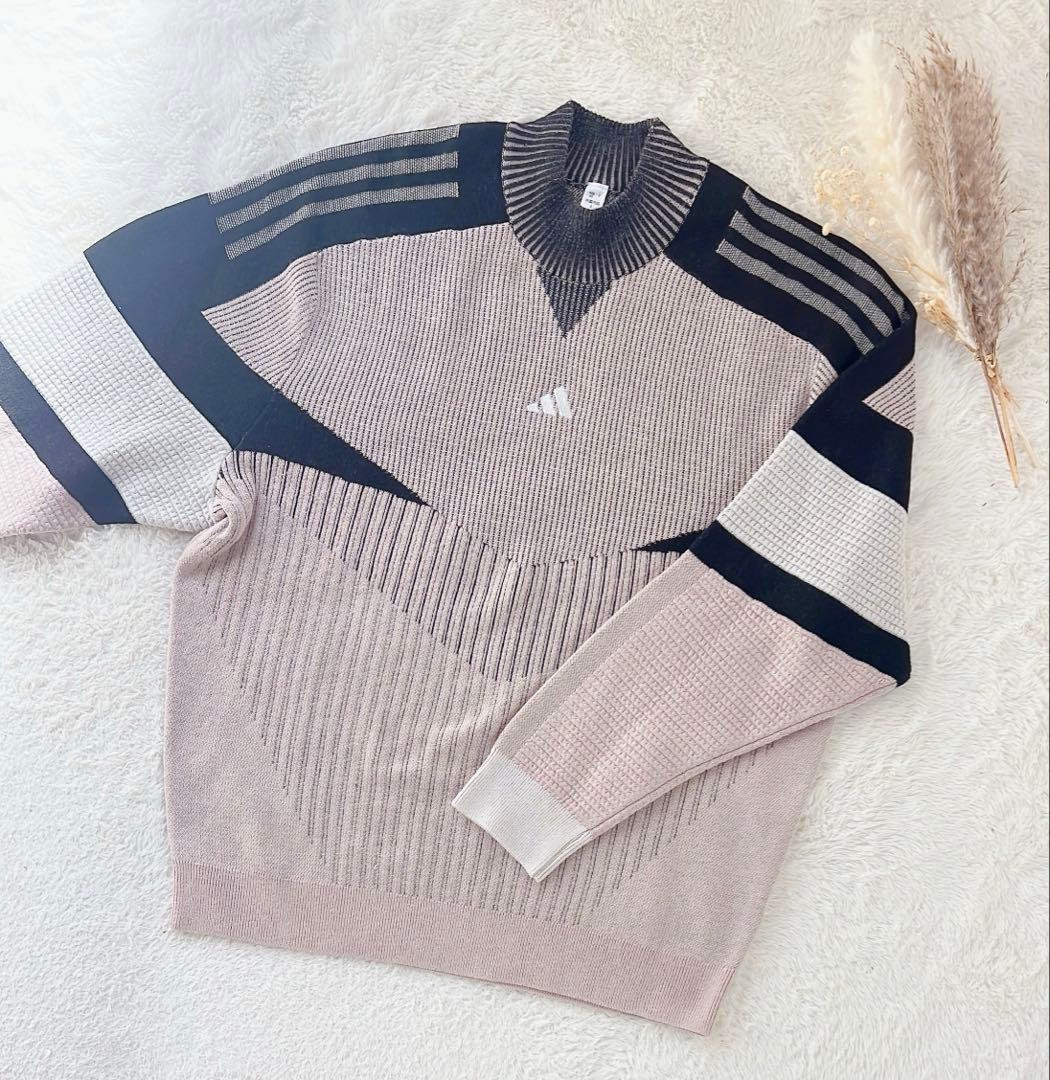 adidas アディダスニットセットアップ 長袖 ロゴ入りピンクベージュブラック