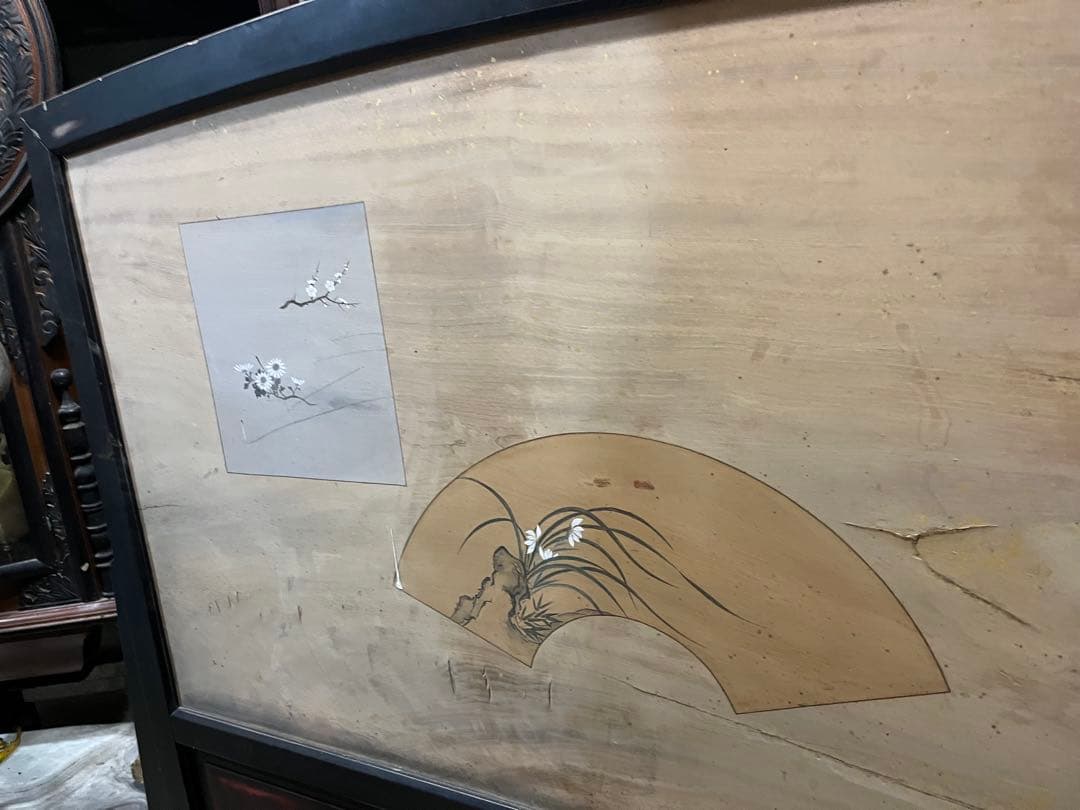 衝立、彫刻衝立、水彩絵衝立、明治時代衝立、木彫り衝立、鶏と竹とすずめ