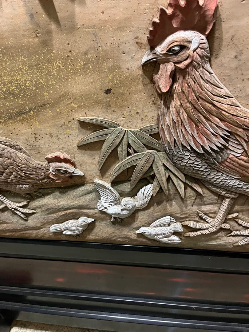 衝立、彫刻衝立、水彩絵衝立、明治時代衝立、木彫り衝立、鶏と竹とすずめ