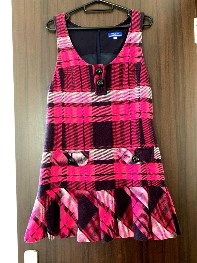 【美品】BURBERRYピンク系ウールチェック ノースリーブミニワンピース 38