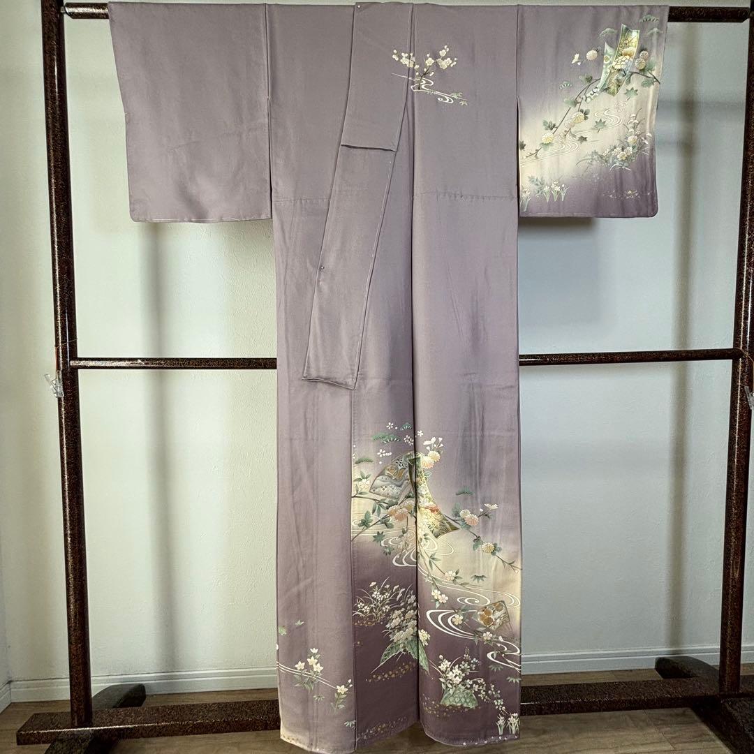 しつけ付　訪問着　広襟　正絹　袷　着物　現代　藤色　紫　薄紫　金彩　158裄64