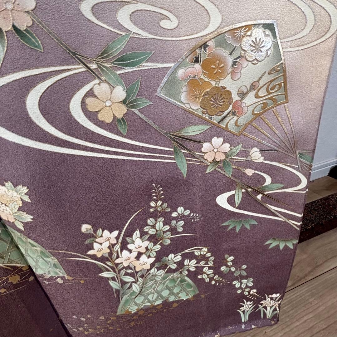 しつけ付　訪問着　広襟　正絹　袷　着物　現代　藤色　紫　薄紫　金彩　158裄64