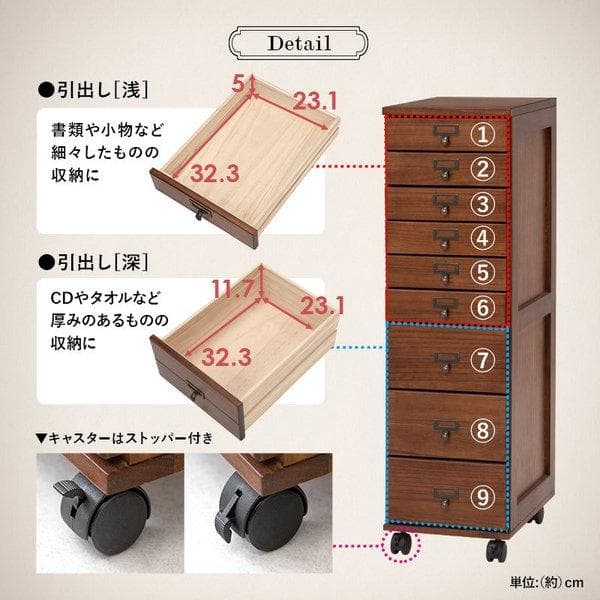 【送料無料・新品】天然木北欧風★マルチ書類多段チェスト9段【キャスター付】