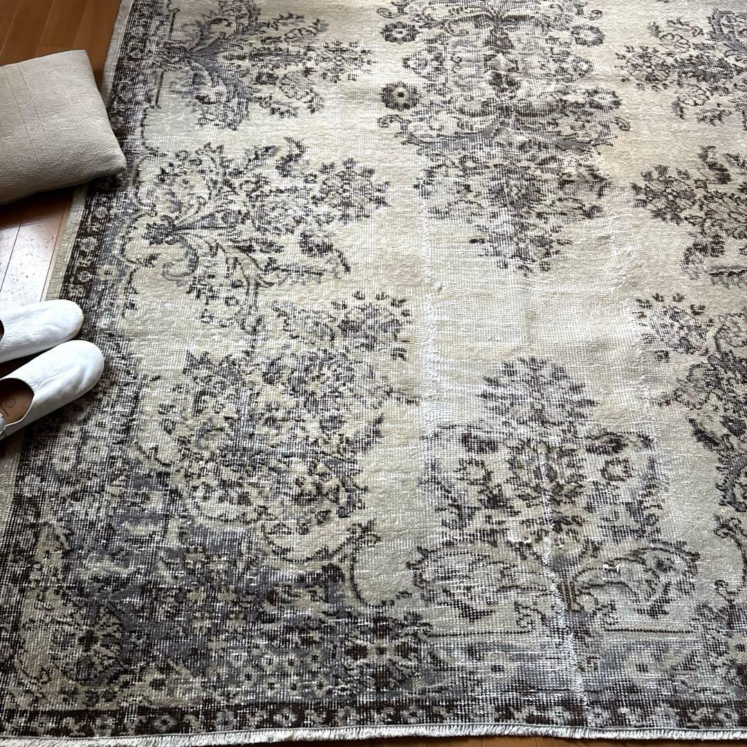超大判173×272 クリーム×ブルーグレイ×ブラウン　トルコヴィンテージラグ