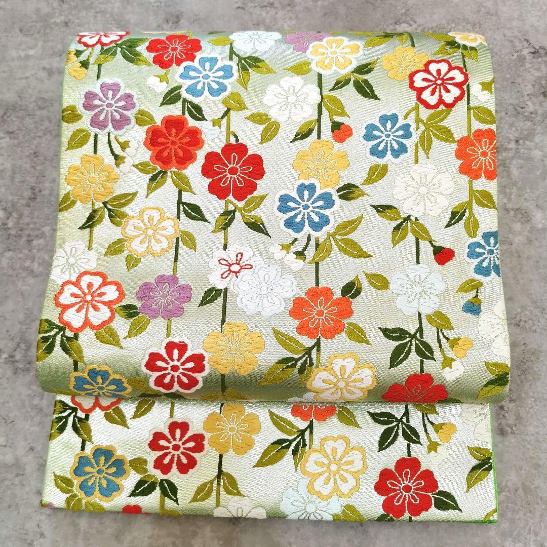 【お花畑】レアなグリーン カラフルお花畑な 贅沢 唐織 袋帯