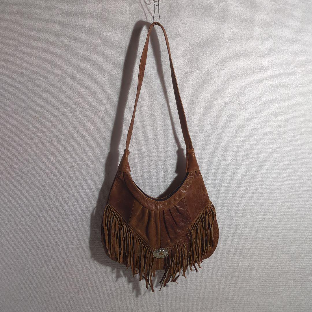 MEXICO製 レザーショルダー フリンジ コンチョ ナバホ ズニ ビンテージ