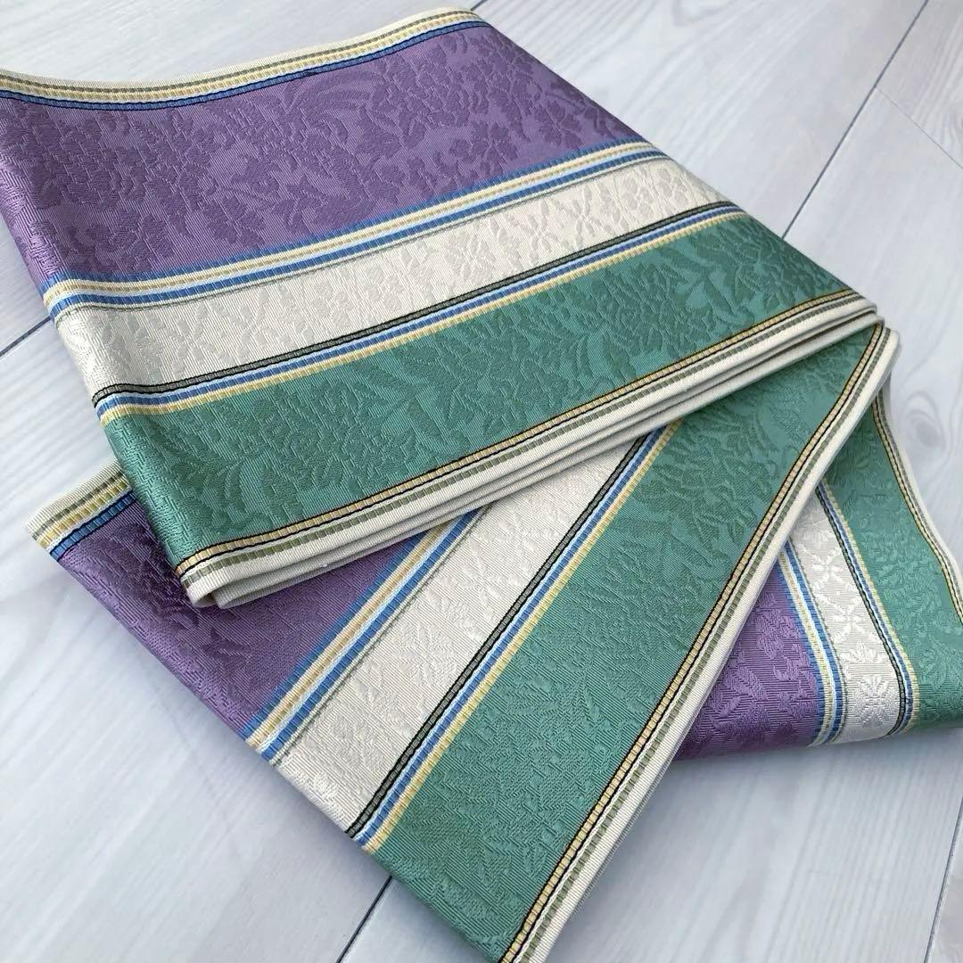 本場筑前博多織　半幅帯　織り出し　花唐草模様　縞模様　正絹　ポケット付No.45