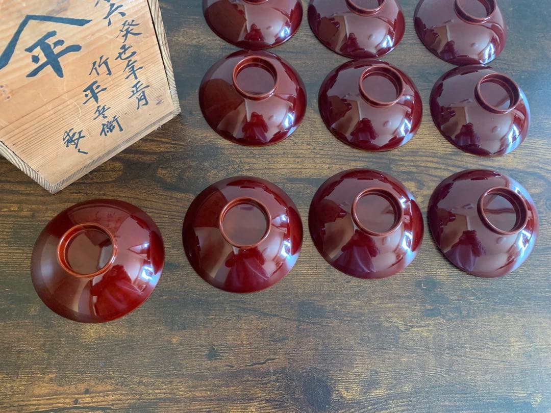 嘉永6年　見返し沈金蒔絵木製吸物椀10客　骨董品　絵がわり椀　汁椀　お椀　珍品