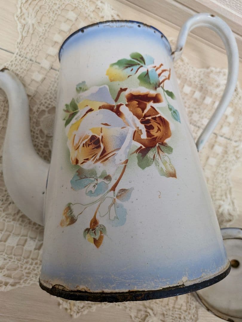 フランス アンティーク JAPY ホーロー ポット 薔薇 シャビー ブロカント