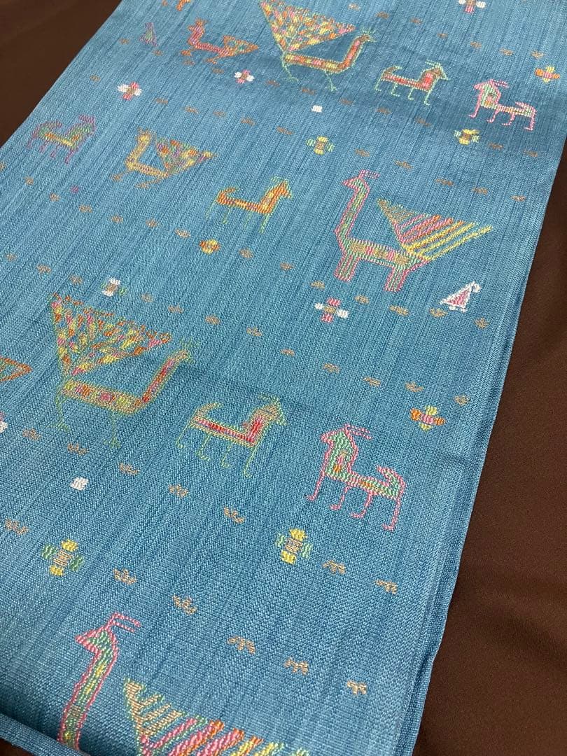 正絹　洒落袋帯 西陣織　異国情緒の可愛らしい動物文様／キリム調　青