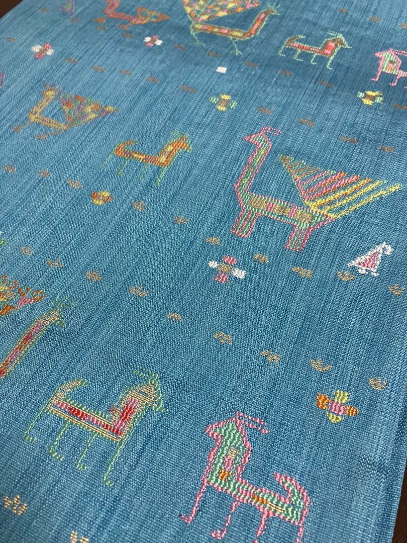 正絹　洒落袋帯 西陣織　異国情緒の可愛らしい動物文様／キリム調　青