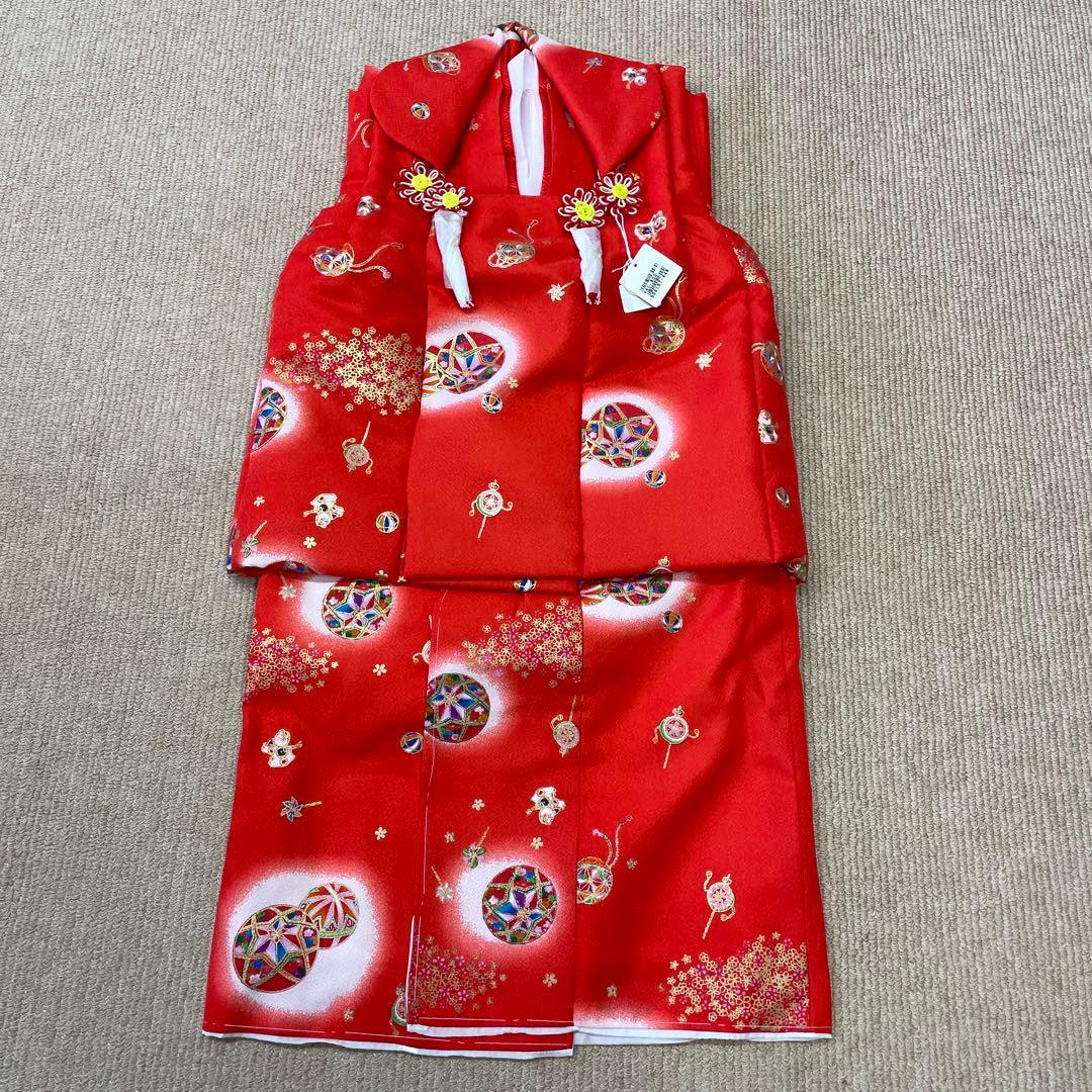 新品 七五三 三歳お祝い着 フルセット 赤 被布 着物 襦袢 草履 巾着 髪飾り