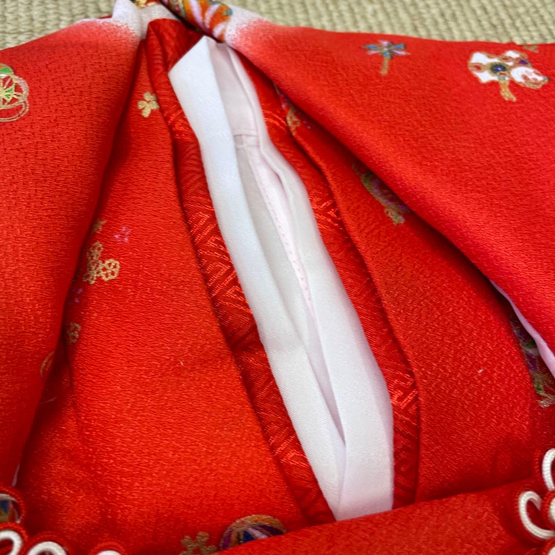 新品 七五三 三歳お祝い着 フルセット 赤 被布 着物 襦袢 草履 巾着 髪飾り