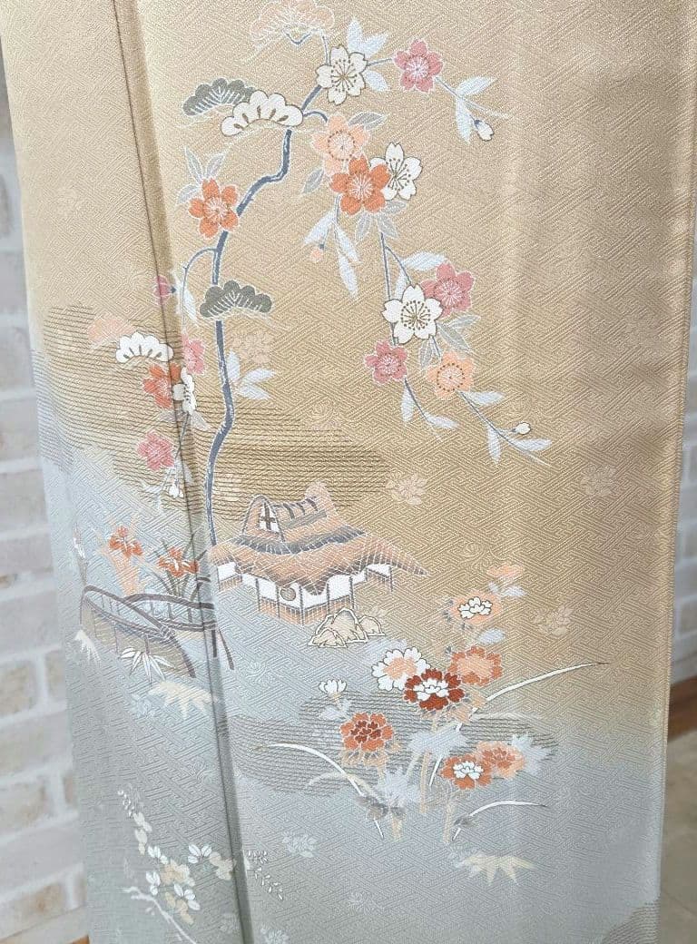 付け下げ訪問着4点フルセット、着物、袋帯、帯締め、帯揚げ