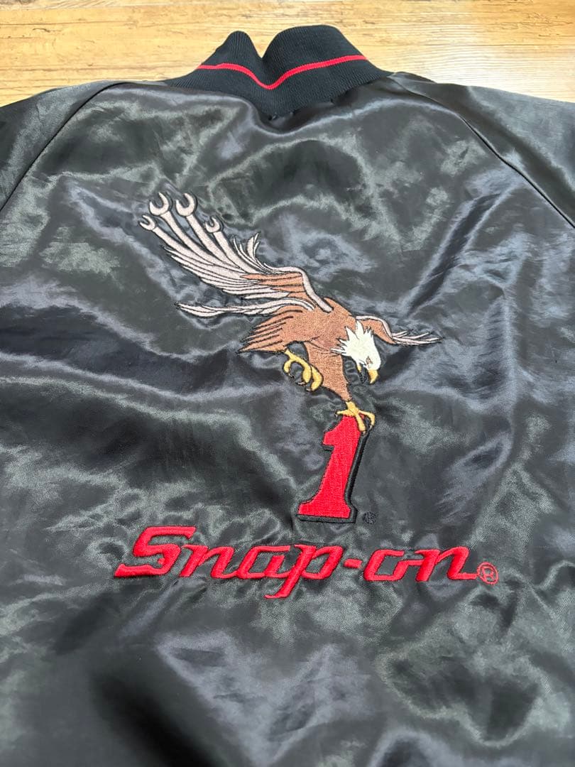 USA製 Snap-on 刺繍 サテンジャケット ラグラン ブラック M
