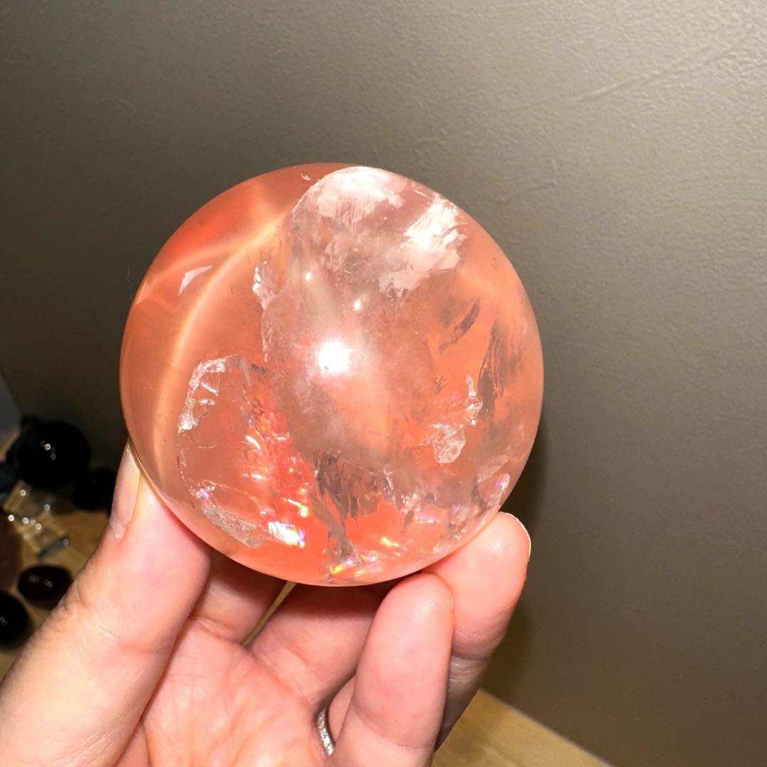 ジェムローズクォーツ　高品質　5.4㎝　スフィア　透明度　ゼリー感　サーモンピン
