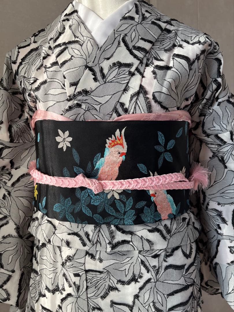 名古屋帯 鳥と花 黒