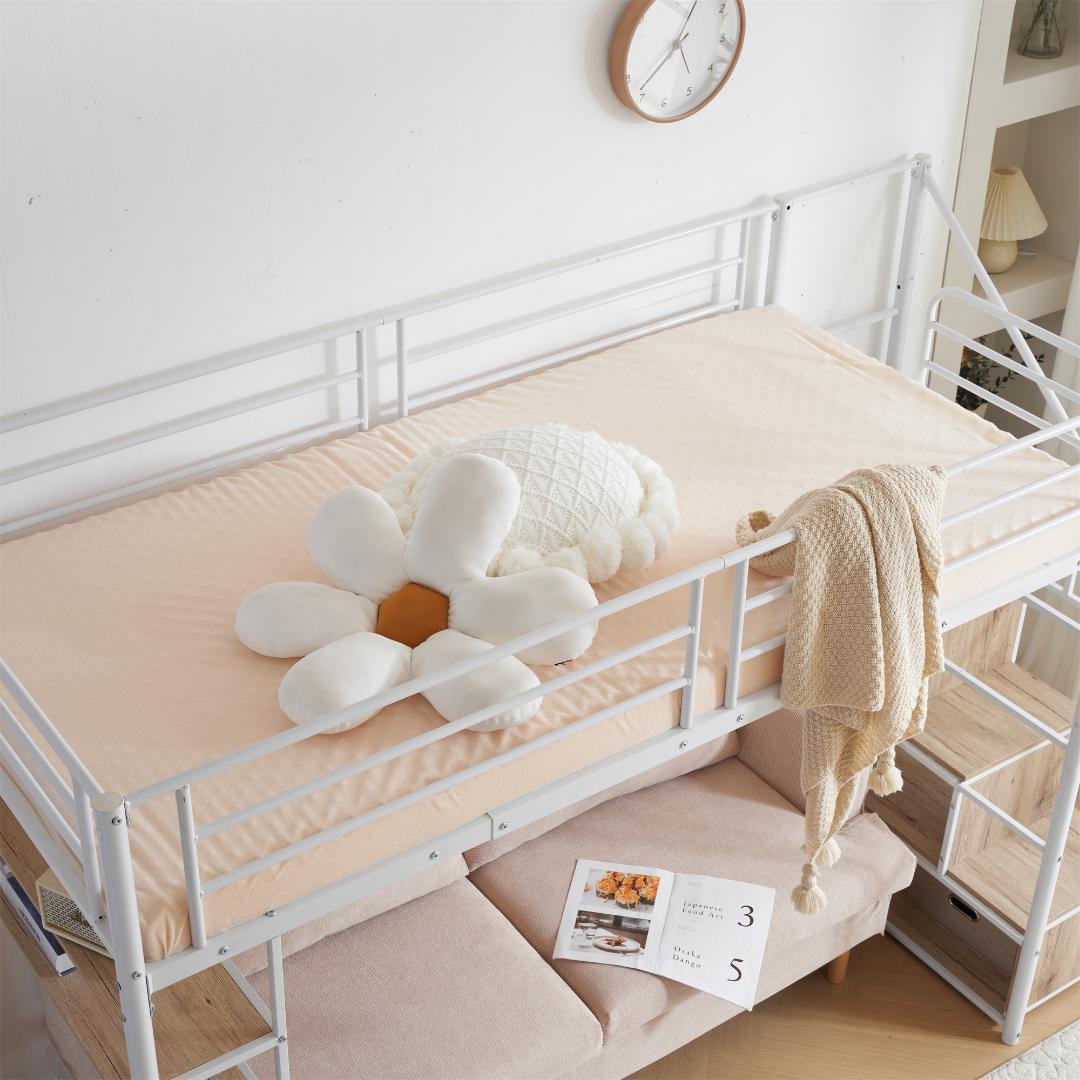 新作 ホワイト　ロフトベッド 片側手すり付き 収納付き パイプベッド