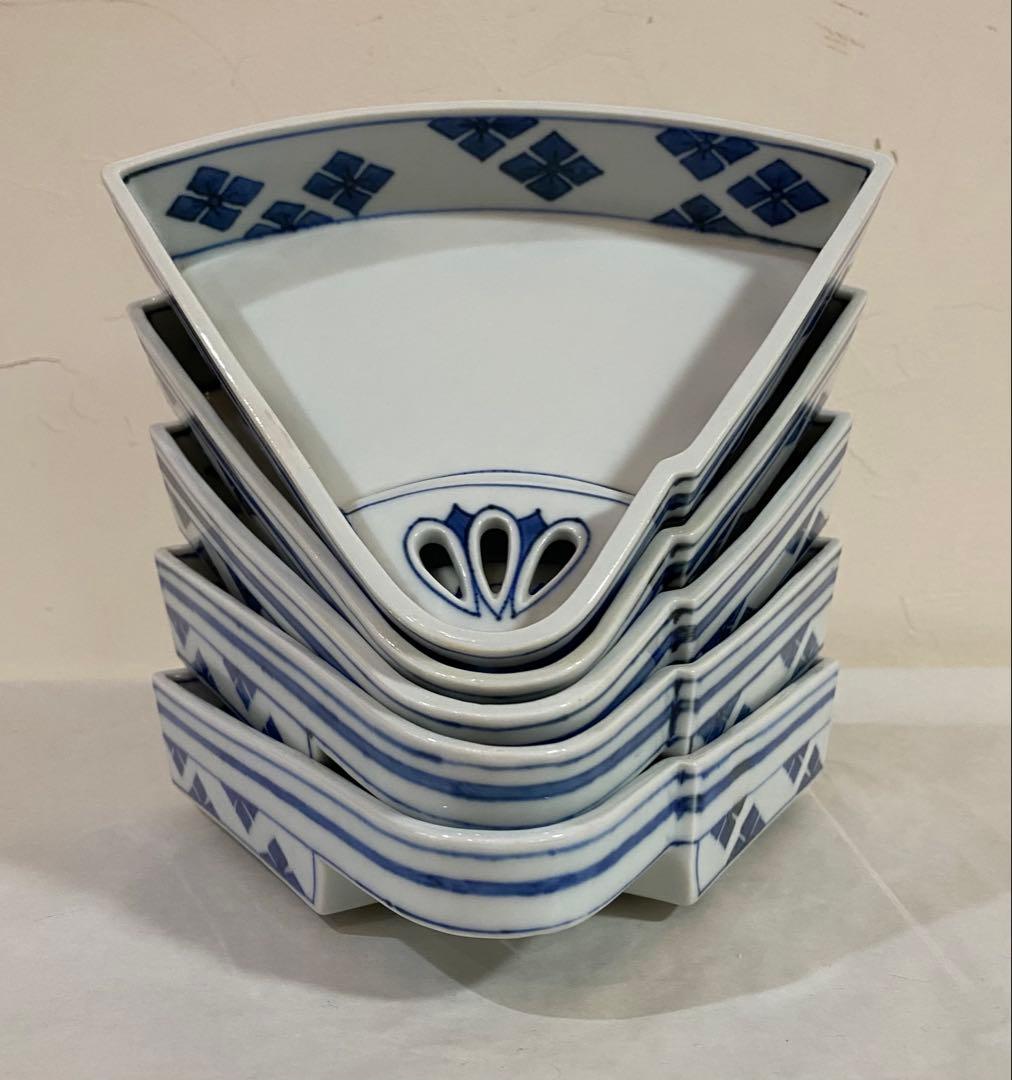 古染付扇面向付　伊万里　有田　5枚