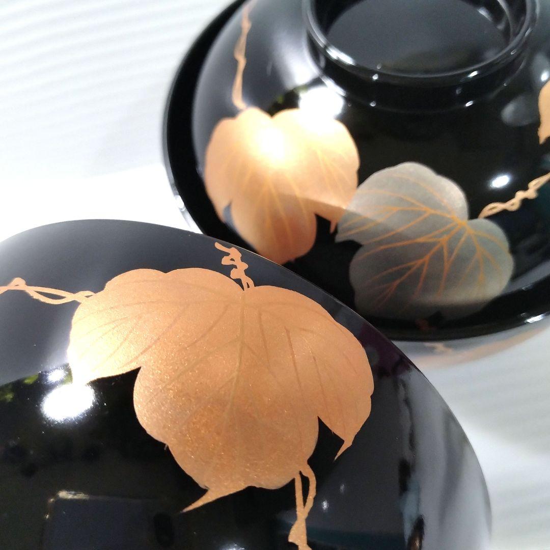 高級 山中漆器 吸椀 木硬 蓋付き 汁椀 黒金 金箔 金蒔絵 漆器 5客揃