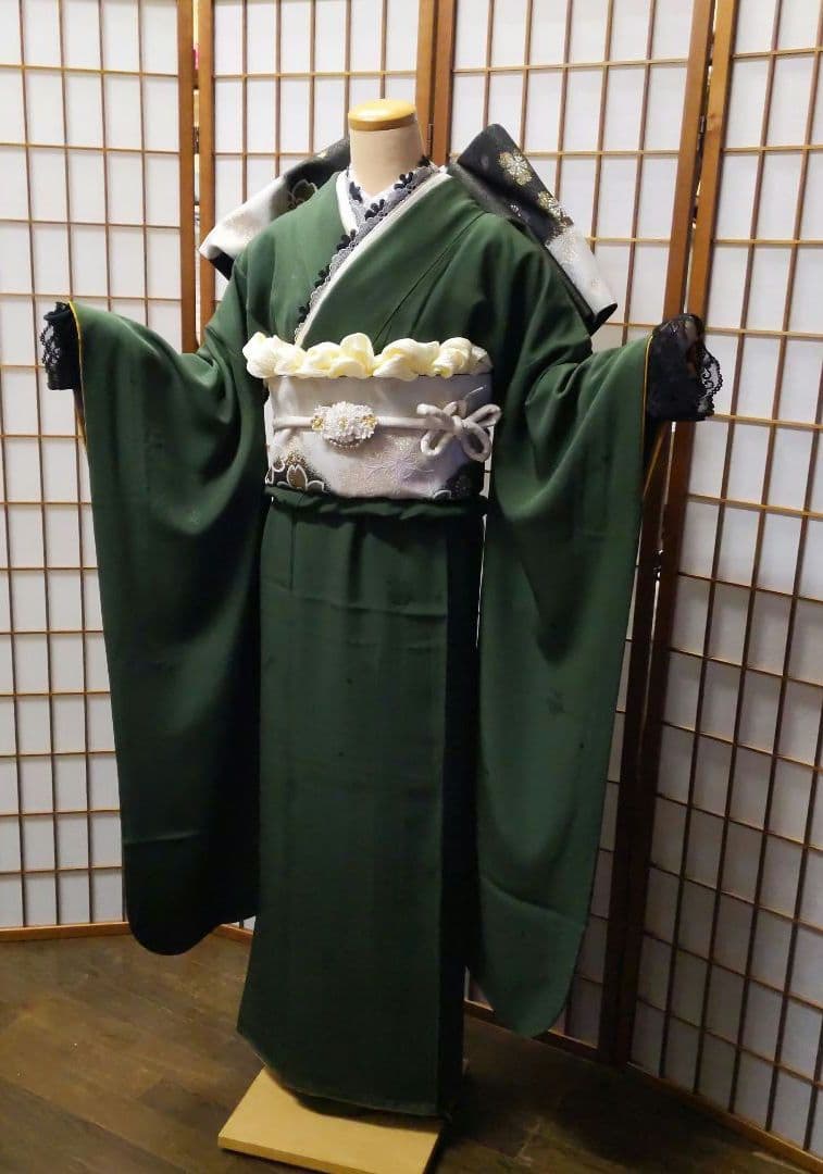 454【最終価格】無地モスグリーン【山本寛斎正絹振袖8点フルセット】成人式卒業式