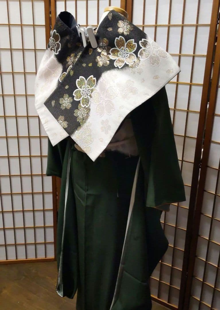 454【最終価格】無地モスグリーン【山本寛斎正絹振袖8点フルセット】成人式卒業式