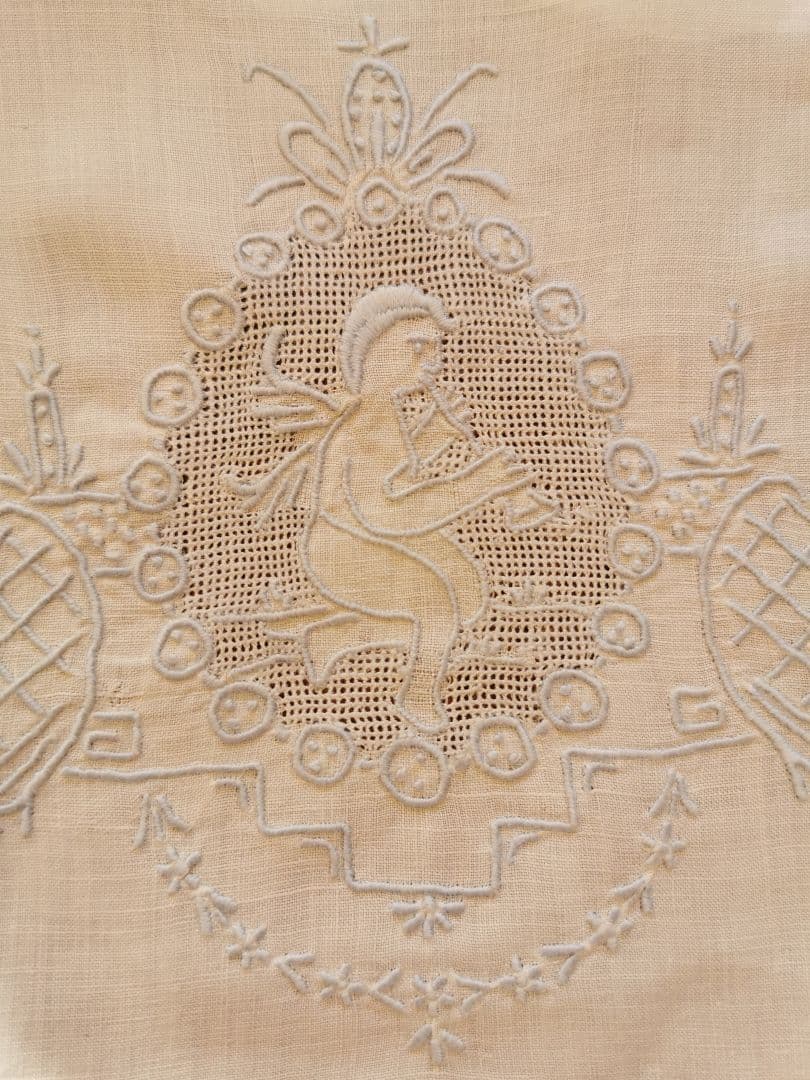 アンティーク アペンツェル刺繍レース 笛を吹く天使 ブルーニードルワーク クロス