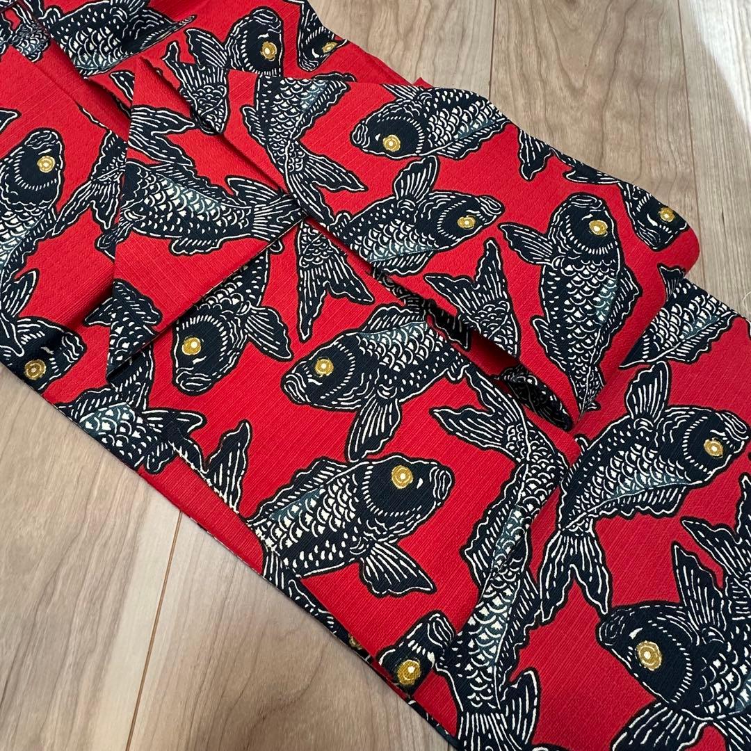 超美品　正絹　着物 和服　名古屋帯　赤　紺　鯉　371 アンティーク　個性的