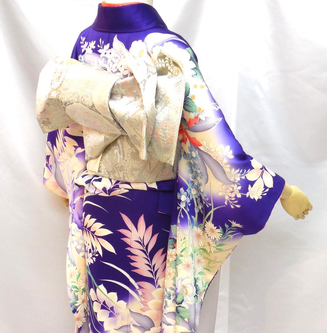 美品★振袖フルセット　正絹　成人式　振袖　7点セット　Mサイズ　紫　花柄　華やか