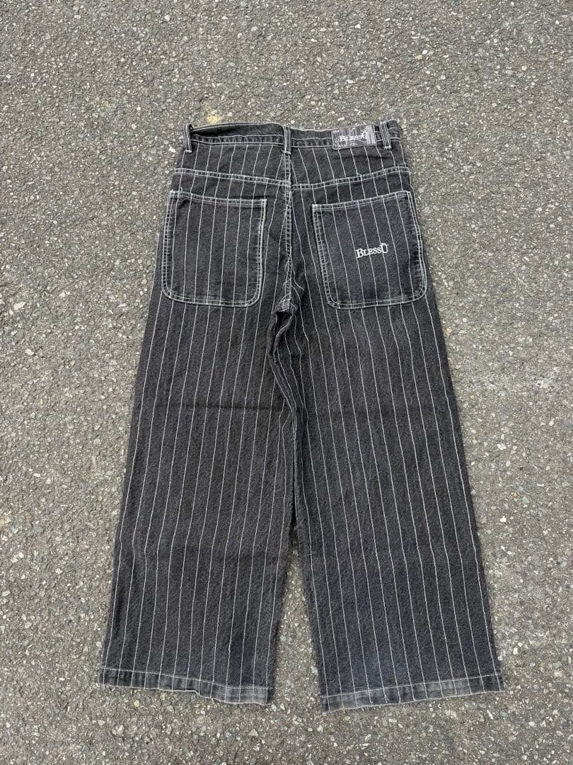 凪BlessU ブラック ストライプ バギー デニム