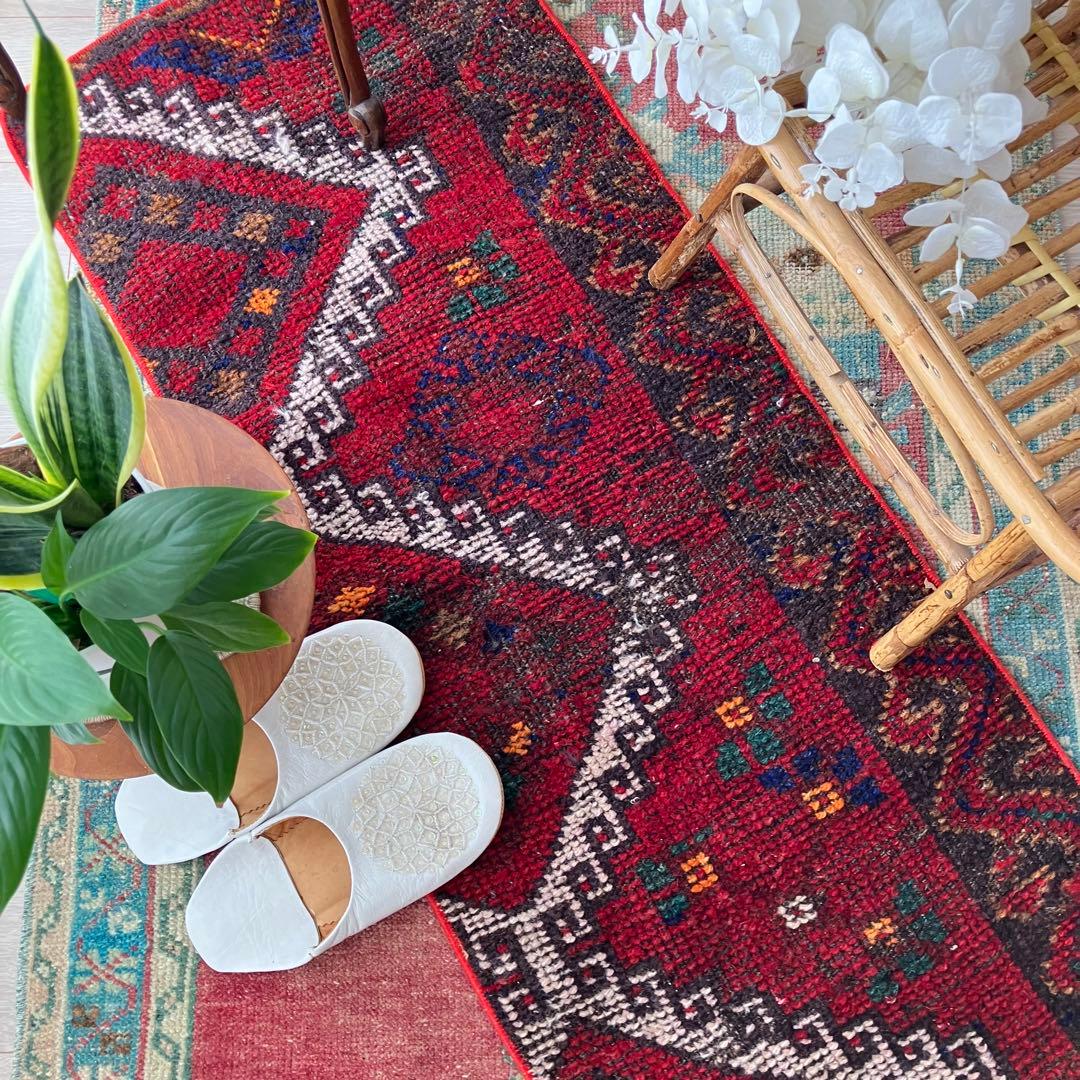 温かざっくり編み✳︎クリスマスレッド　　ロング　ランナー　トルコヴィンテージラグ