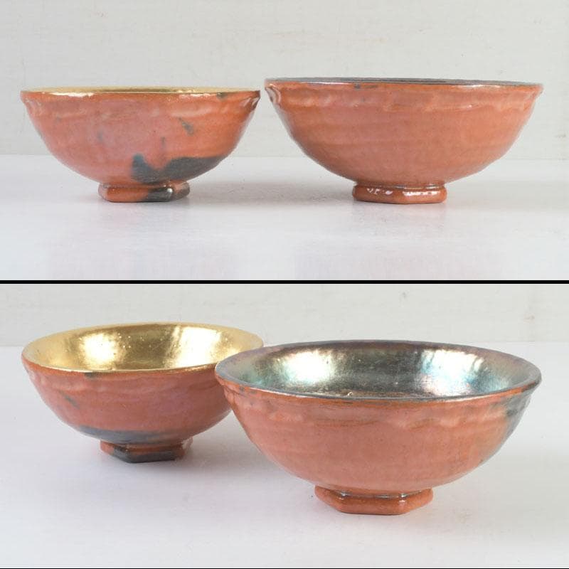 茶道具　八坂焼　赤楽　金銀二段　嶋台茶碗　共箱　V　9818