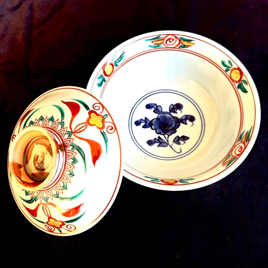 【未使用．美品】清水焼き　 蓋茶碗　蓋付き碗　飯碗　茶碗 色絵 五客 和食器