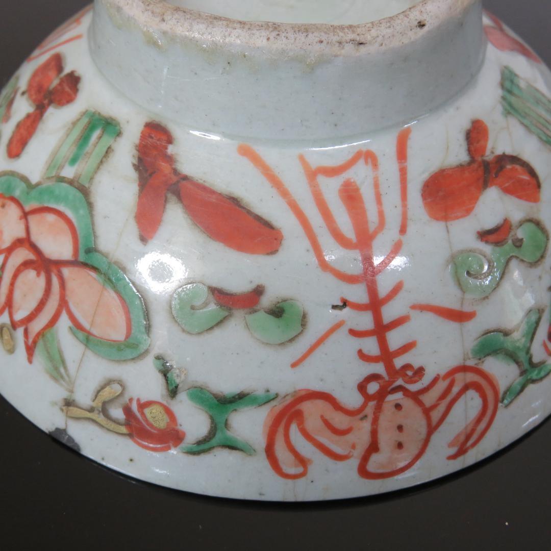 中鉢 花文様 色絵付け ニュウ 窯傷 丼 直し 中国骨董 椀