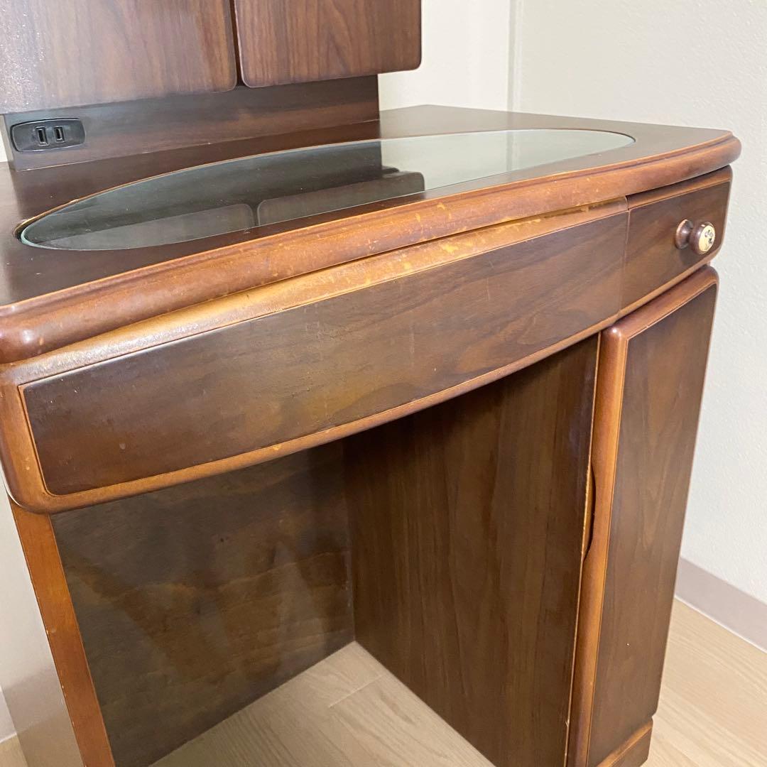 三面鏡　天然木　ドレッサー　オーク　レトロ　板ガラス　コンセント付き　高級家具