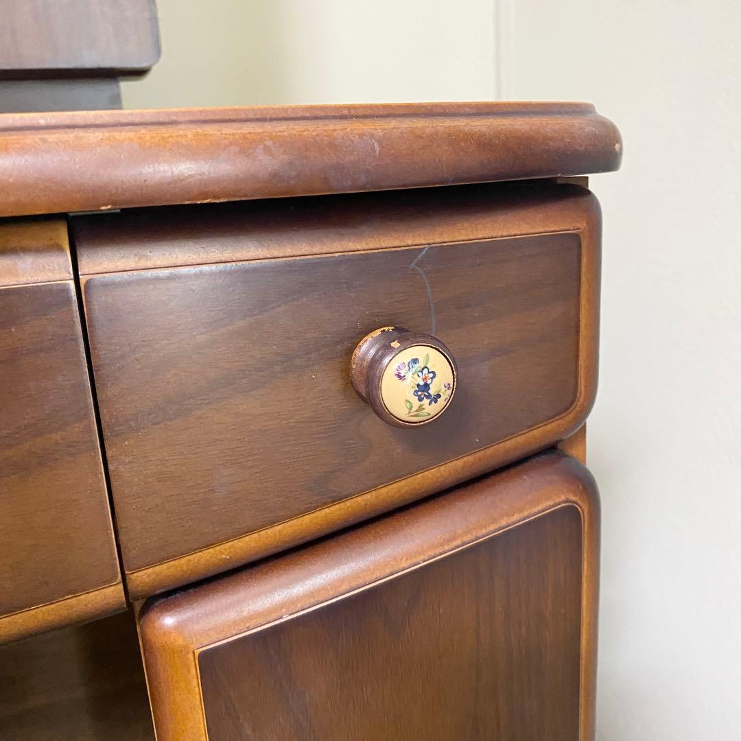 三面鏡　天然木　ドレッサー　オーク　レトロ　板ガラス　コンセント付き　高級家具