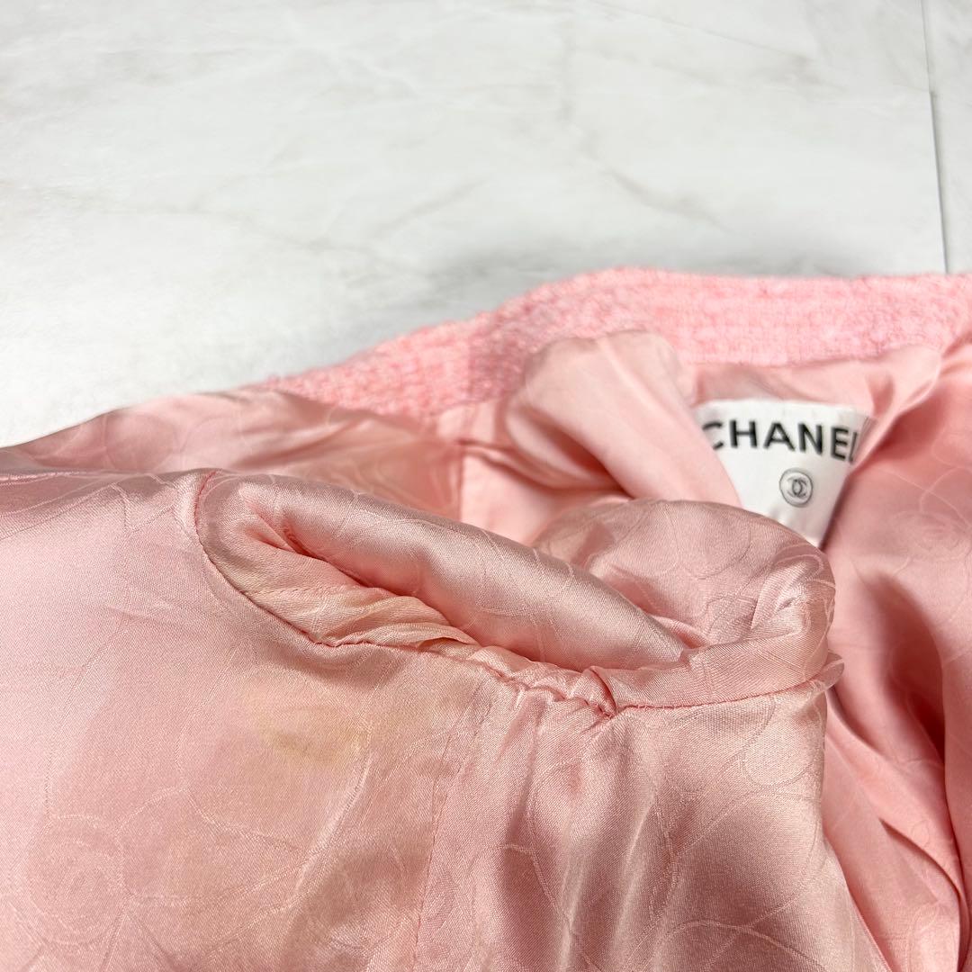 美品 CHANEL 立体 COCO ロゴ ノーカラー ツイードジャケット 38