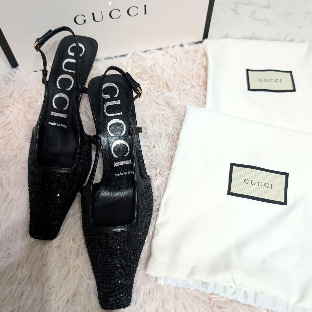 定価13万80%オフ☆GUCCI スリングバックパンプス GGラインストーン